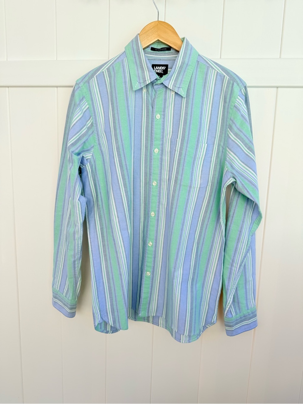 Sail Rigger Oxford Lands' End Men's Green & Blue Striped Button-Up Shirt